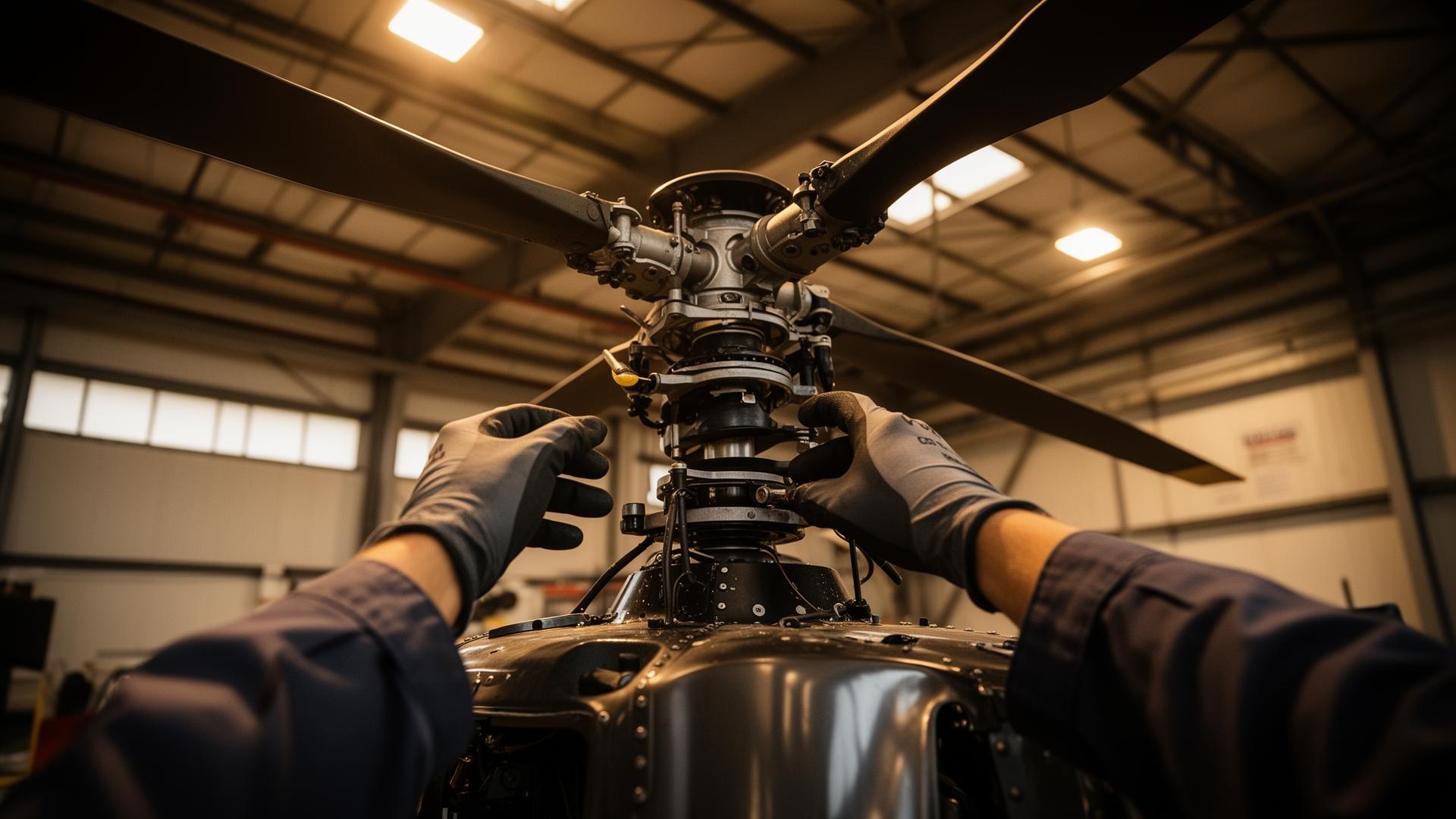 Inspeção de rotor de helicóptero em hangar